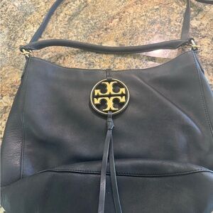 Tory Burch Black Leather Shoulder Bag with Gold Logo Medallion